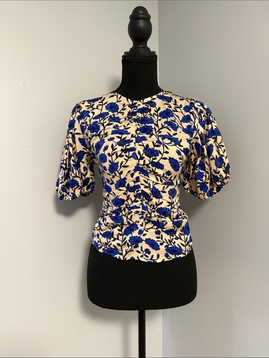 J. Crew Tops - J. Crew Blue Floral Puff-Sleeve Blouse on Cream